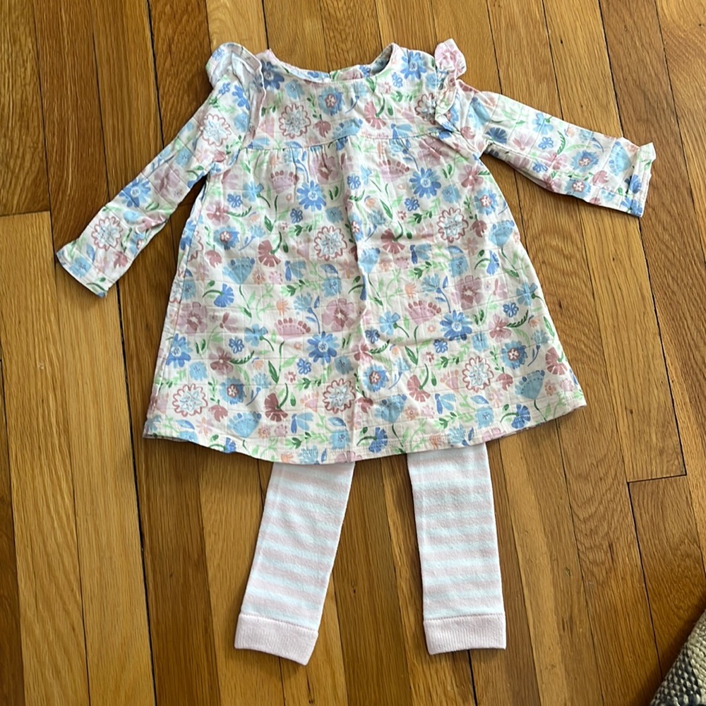 Mud Pie Muslin Floral Dress with Knit Striped Tights 12 months